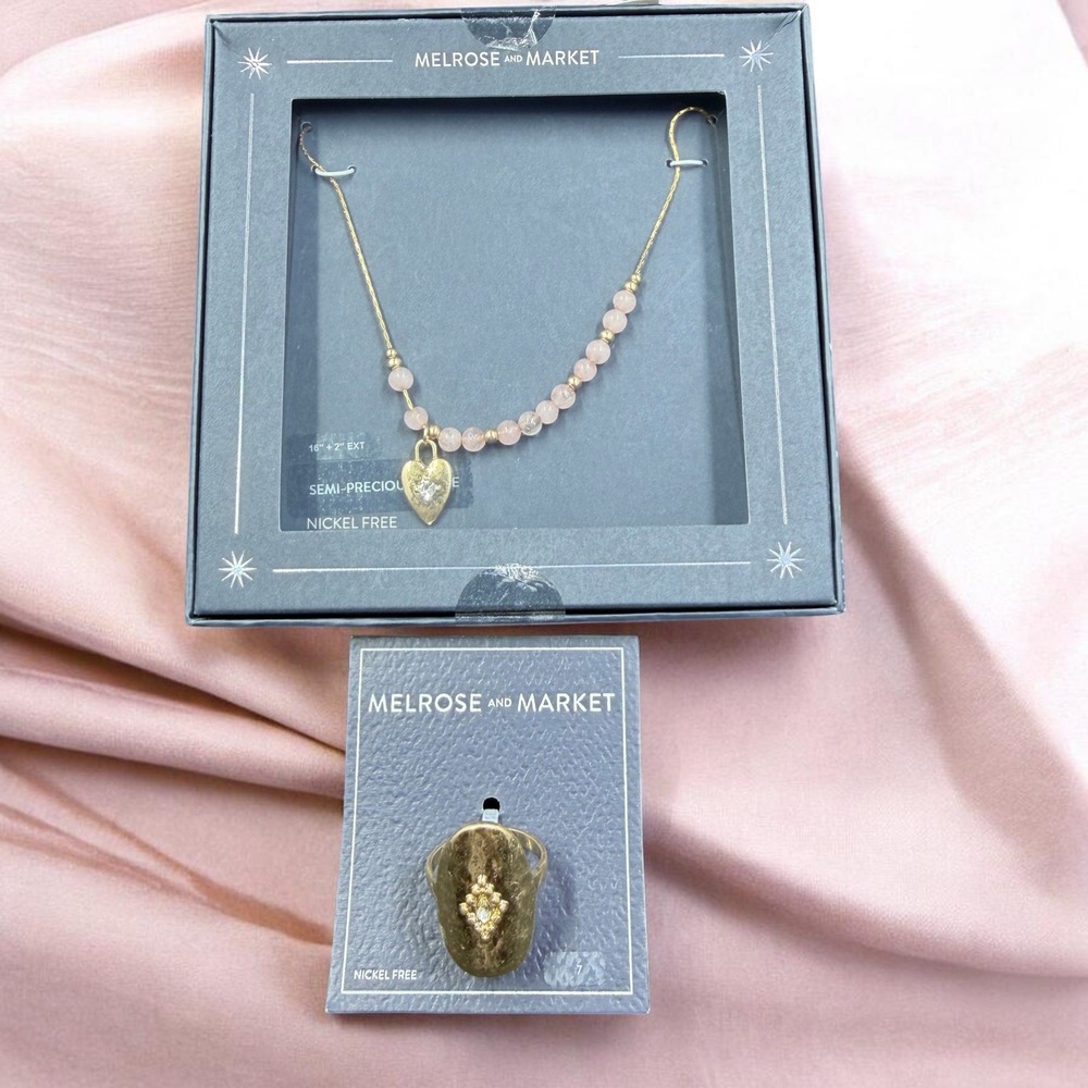 Melrose And Market Rose Quartz Heart Necklace Gold Ring‎ Set Coquette Romantic